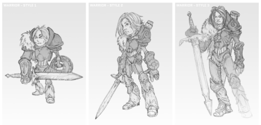 Three different styles for a warrior character concept
